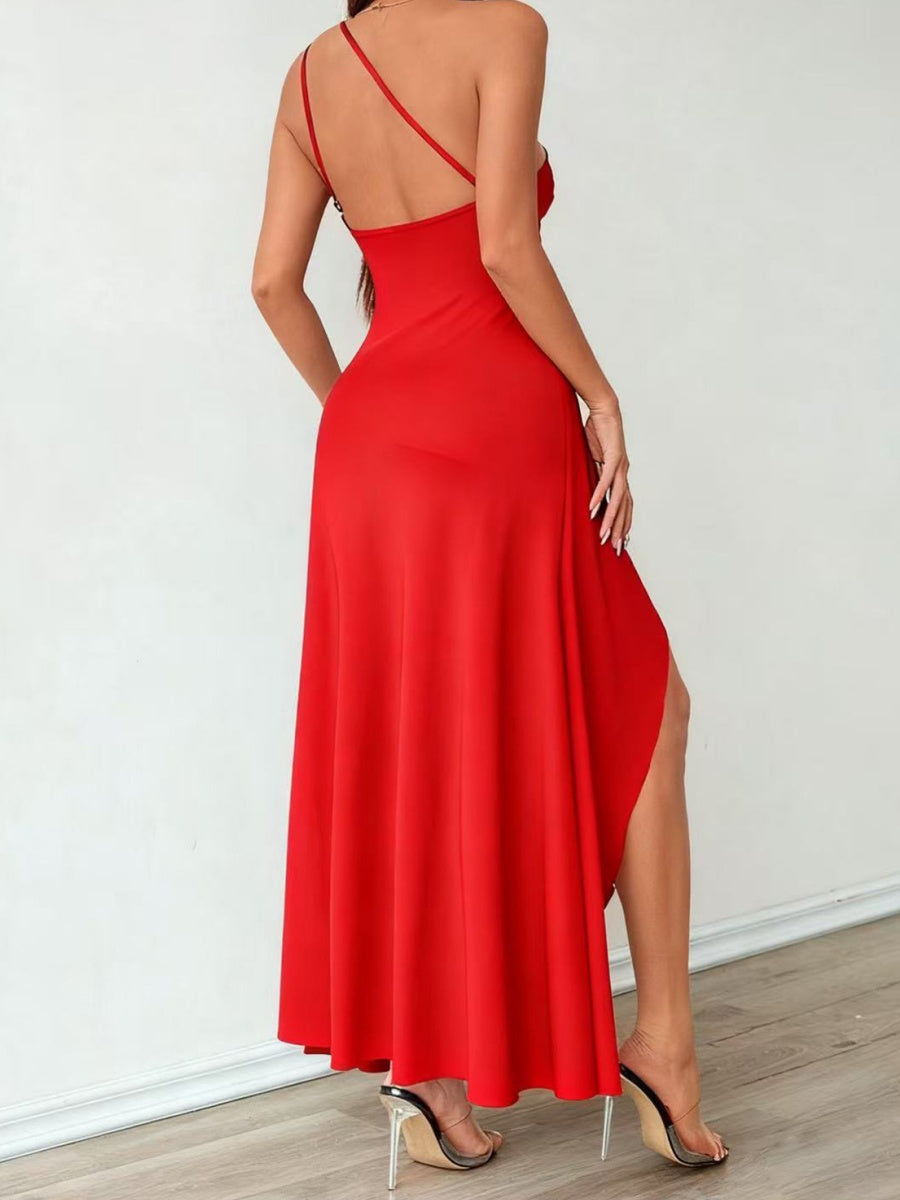 Sloping Shoulders Satin Slit Gathering Parties Maxi Dresses