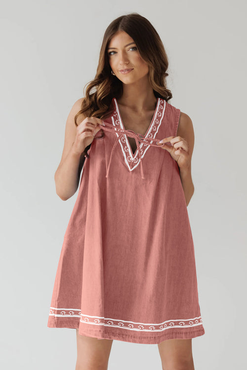 Embroidered V-Neck Tie Drawstring Lace Trim Pocket Chambray Mini Dress