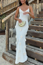 Open Back Flowers Applique Knitting Maxi Vacation Dress