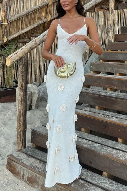 Open Back Flowers Applique Knitting Maxi Vacation Dress