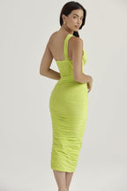 One Shoulder Cut Out Corset Bodice Ruched Gathered Mesh Midi Dress