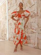 Printed Puff Sleeve Sweetheart Collar Vacation Maxi Dresses
