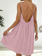 Ice Silk Linen Backless Halter Solid Color Midi Dress