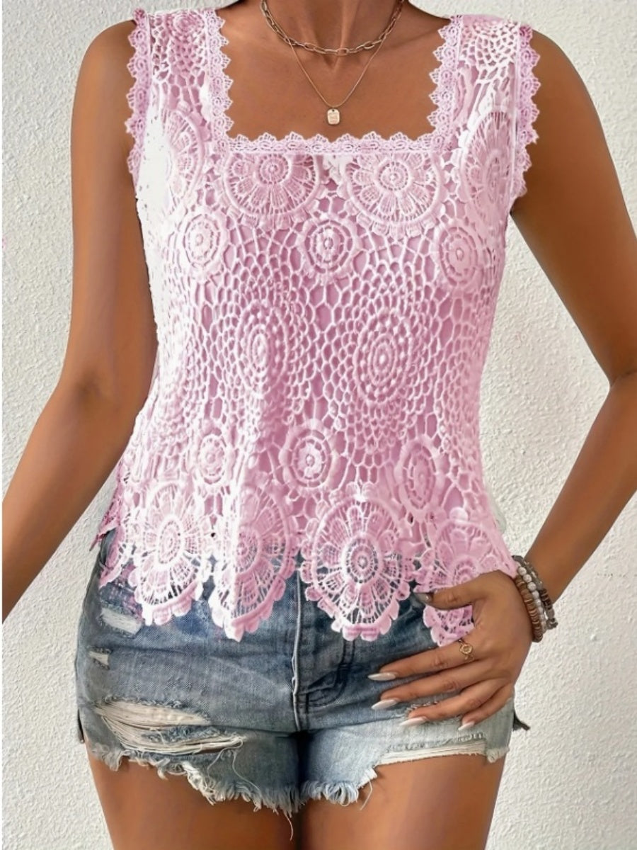 Square Neck Heavy-duty Crochet Openwork Flower Tank Top