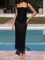 Square Neck Wide Strap Sequin Bodycon High Slit Midi Dress