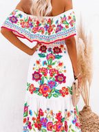 Off-the-shoulder Red Floral Print Maxi Dress