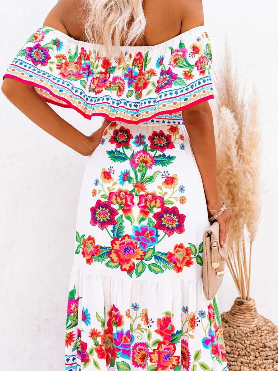Off-the-shoulder Red Floral Print Maxi Dress