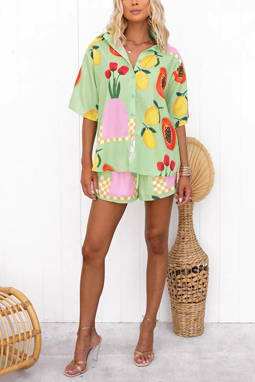 Resort Print Short Sleeves Blouse Shirt Elastic Waist Shorts Set