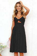 Linen Spaghetti Strap Tie Front Cut Out Button Front A-Line Midi Dress