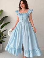 Square Collar Ruffle Button Slit Big Swing Sweet Maxi Dresses