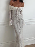 Matilde Statement Lace Wide Flared Sleeve Off Shoulder Dress Boutique Collection
