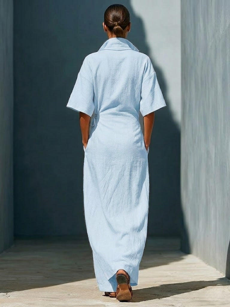 Casual V-neck Short-sleeved Tie-waist Solid Color Maxi Dresses