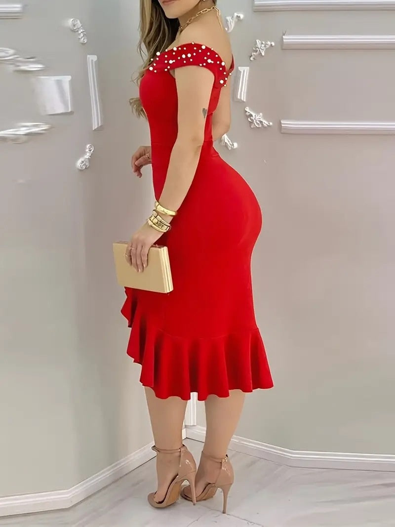 Bodycon, Off-the-shoulder, Ruffled Midi Dress