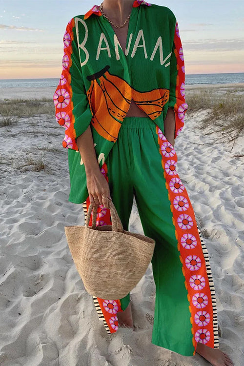 Banana Print Long Sleeves Blouse Shirt Wide Leg Pants Resort Wear Set