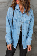 Pearls Beading Raw Hem Distressed Denim Shirt Jacket