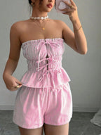 Strapless Striped Ruffled Crop Top And Elastic Waist Shorts Two-piece Set