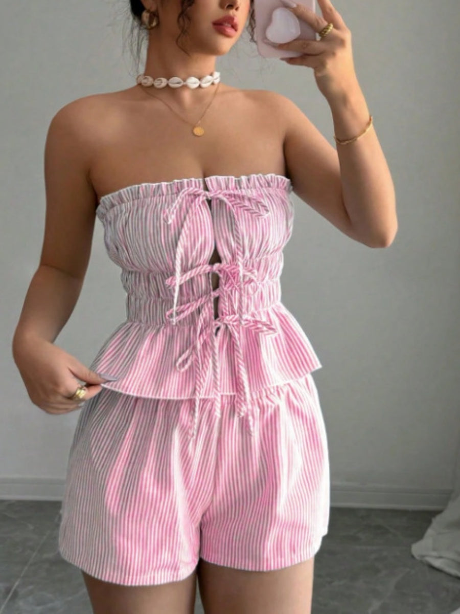 Strapless Striped Ruffled Crop Top And Elastic Waist Shorts Two-piece Set