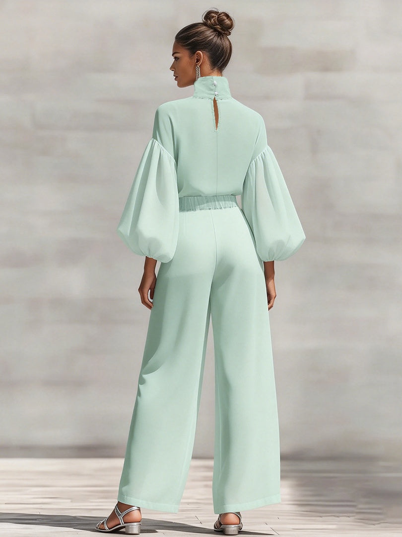 Chiffon Stand-up Collar Puff Sleeve High-waisted Draped Wide-leg Pants Two-piece Set