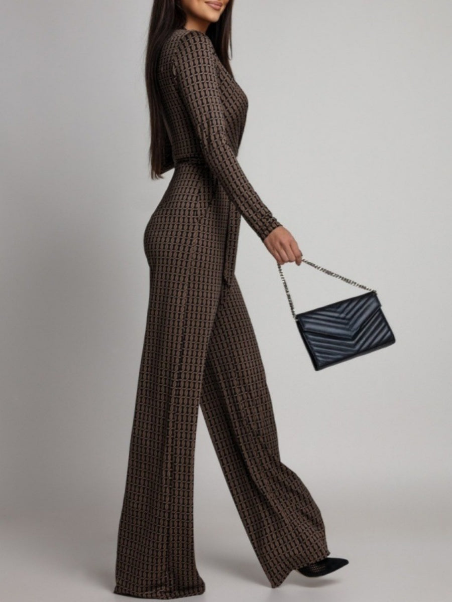Zebra Print V-neck Long Sleeve Wide-leg Pants Jumpsuits