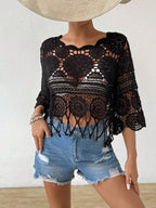 Crocheted Openwork Knit See-through Top, Solid Color Beach Bikini Cover-up