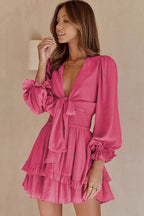 Tie Front Puff Sleeve Smocked Waist Tiered Ruffle Mini Set