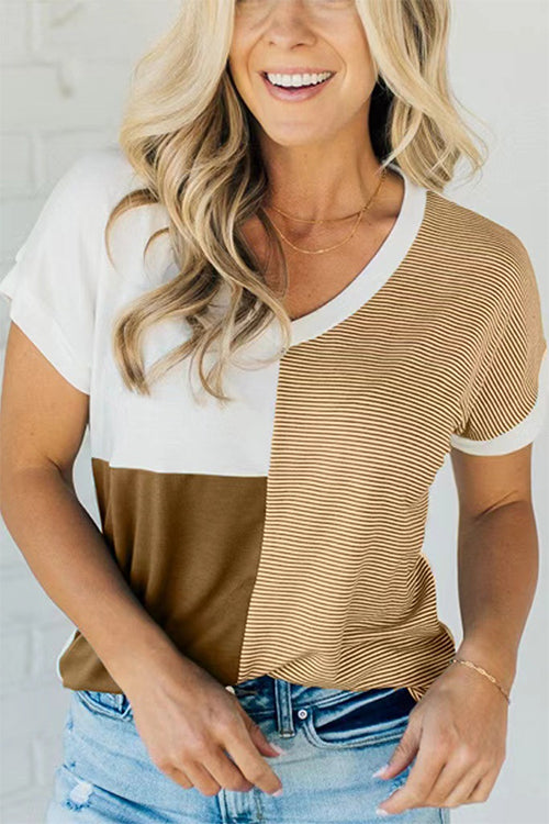 V Neck Stripe Splice Color Block T-shirt