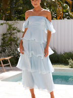 Square Collar Puff Sleeve Cake Skirt Vacation Parties Maxi Dresses