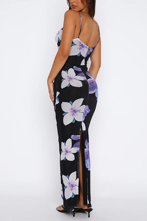 V Neck Spaghetti Strap Back Slit Floral Maxi Dress