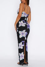 V Neck Spaghetti Strap Back Slit Floral Maxi Dress