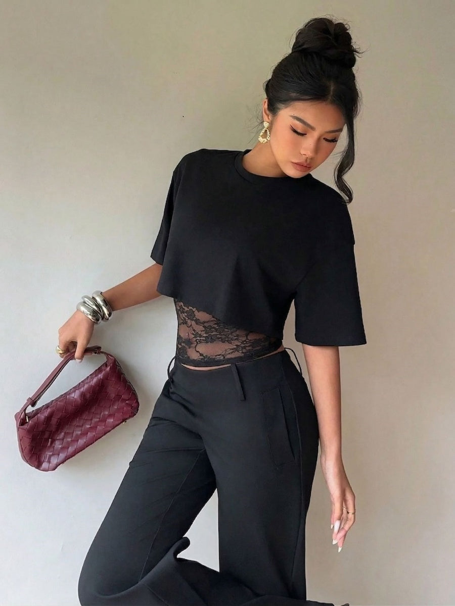 Layered-look Lace Splicing Slim-fit Hollow Sexy Short Sleeve T-shirts