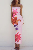 Spaghetti Strap Back Slit Lily Print Bodycon Maxi Dress