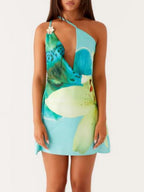 One-shoulder Floral Print Halter Dress With A Flared Neckline