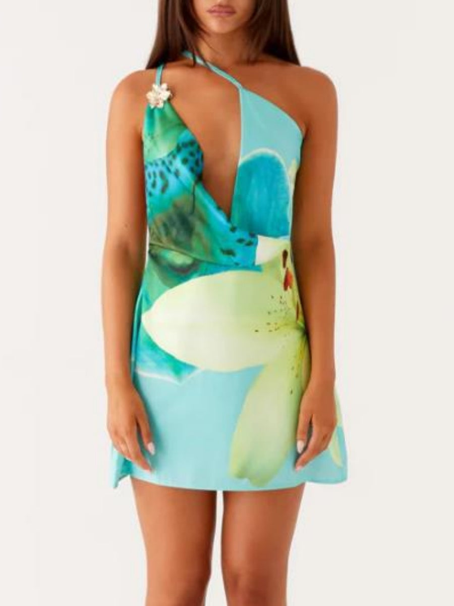 One-shoulder Floral Print Halter Dress With A Flared Neckline