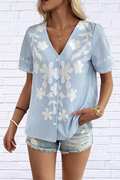 Floral Striped V-Neck Short Sleeve Shirt _ Where Classic Meets Playful