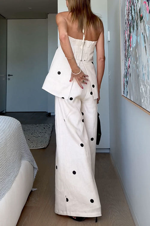 Polka Dot Strapless Top and Wide Leg Palazzo Pants Set