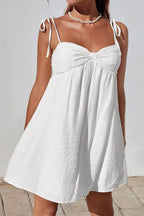 Tie Shoulder Sweetheart Gathered Bust Knot Detail Empire Waist Babydoll Mini Dress