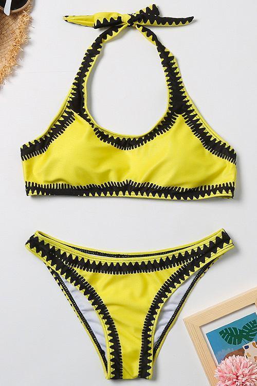 Halter Color Block Triangle Bikini Set