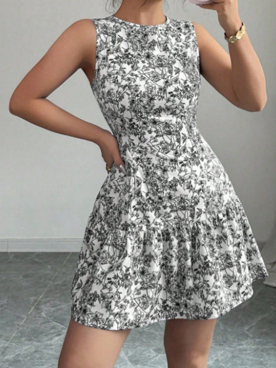 Bohemian Style French Elegance Floral Print Sleeveless Belted Short Dress