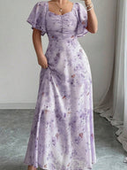 Floral Lotus Leaf Sleeves Sweetheart Collar Vacation And Leisure Maxi Dresses