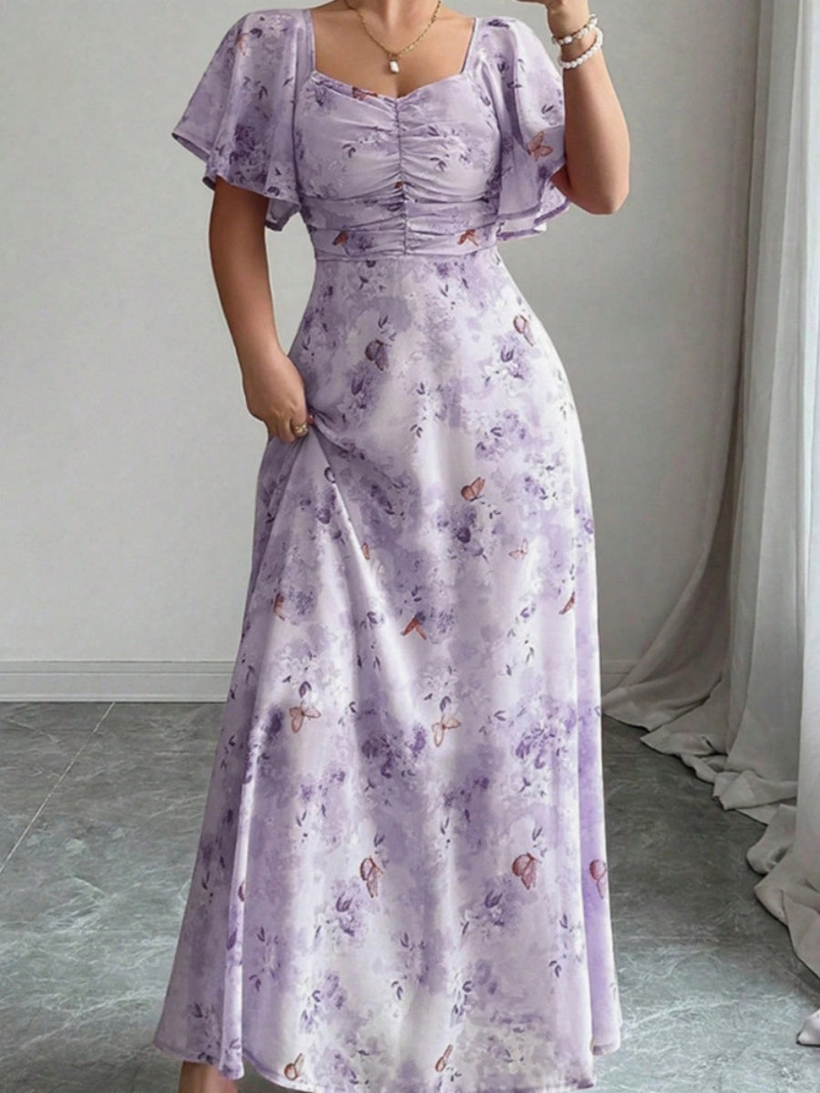 Floral Lotus Leaf Sleeves Sweetheart Collar Vacation And Leisure Maxi Dresses