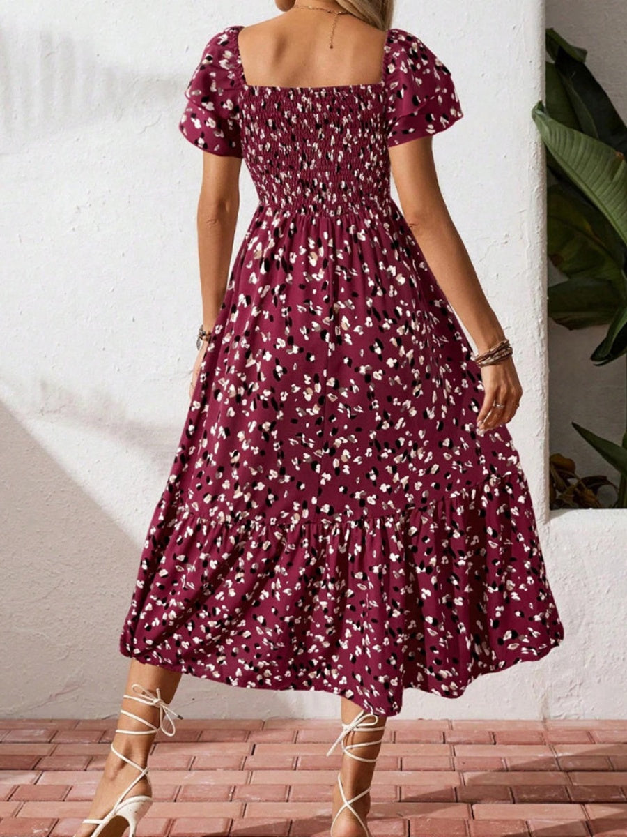 Floral Short Sleeve Square Collar Ruffle Vacation And Leisure Maxi Dresses