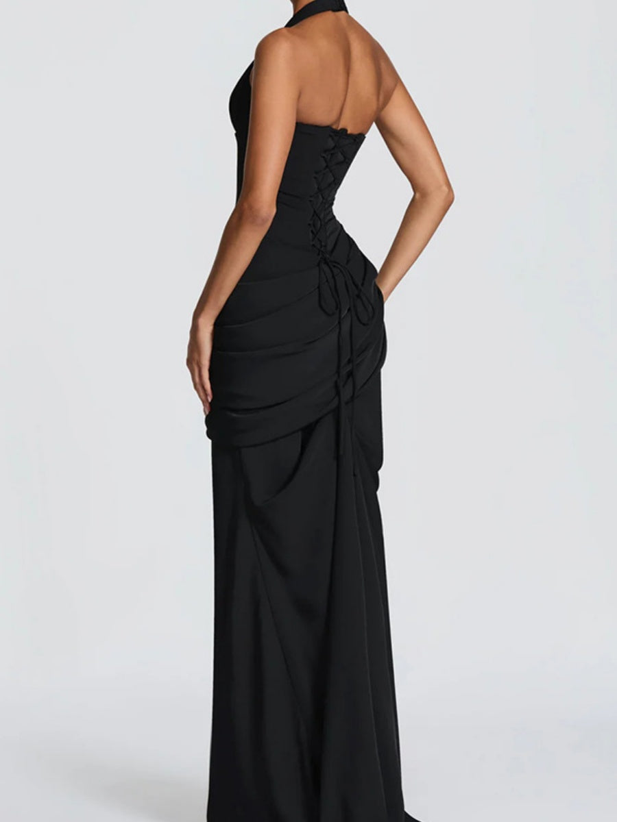 Deep V Halter Backless Mopping Maxi Dresses