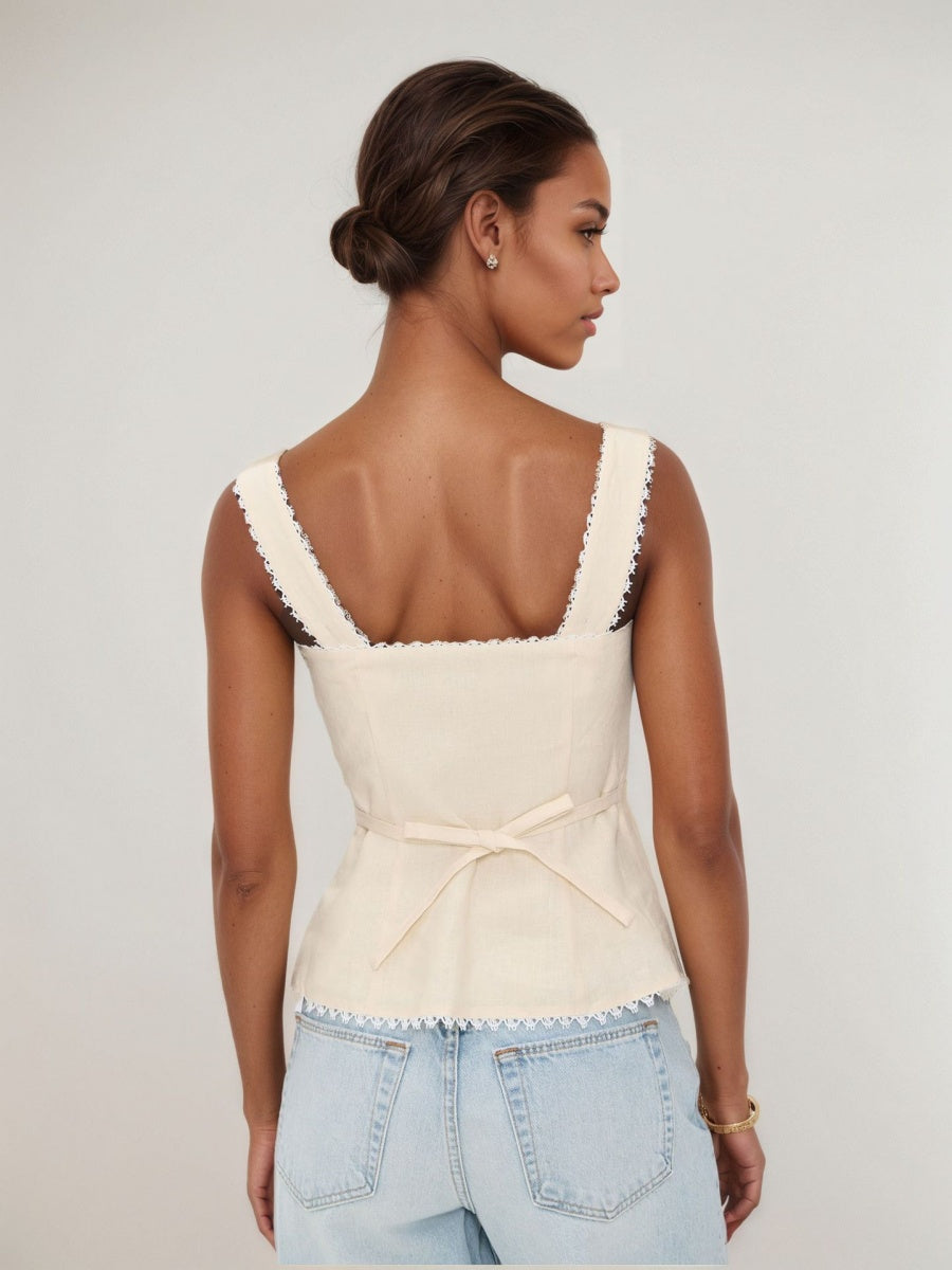 Retro Cotton And Linen Lace Patchwork Button Tank Tops