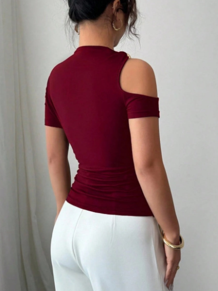 Asymmetrical Neckline, One-shoulder, Metallic Embellishment, Slim-fitting T-shirt