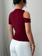 Asymmetrical Neckline, One-shoulder, Metallic Embellishment, Slim-fitting T-shirt
