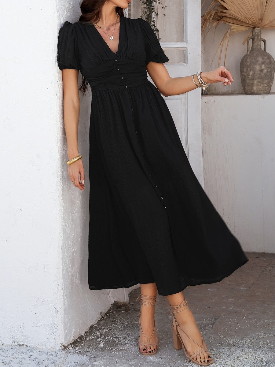 Slit Short Sleeve V-neck Vacation And Leisure Maxi Dresses