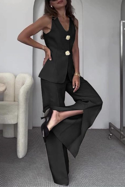 V Neck Button Up Vest Top and Slit Wide Leg Pants Linen Suit Set