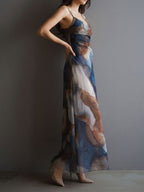 Printed Gradient Hip-hugging Mesh Camisoles Maxi Dresses