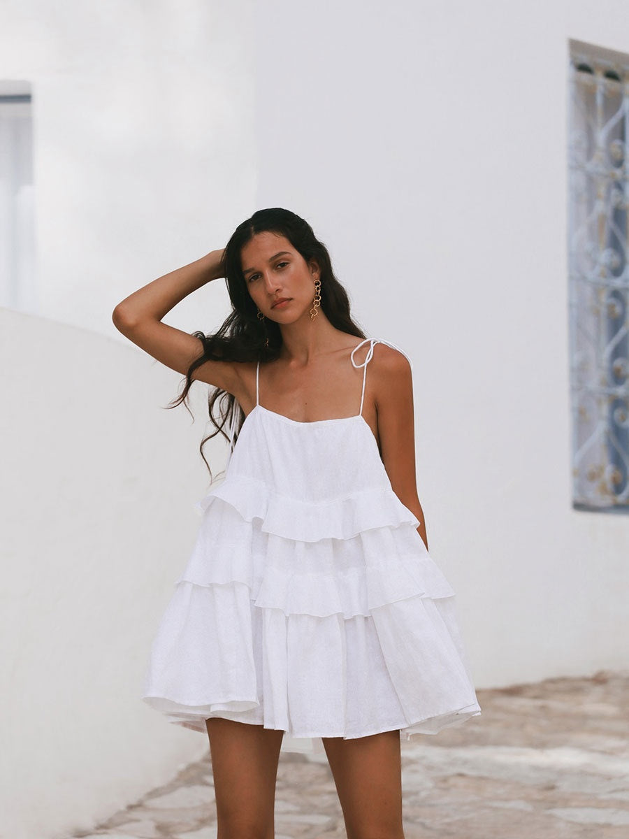 Pure Cotton Cake Skirt Backless Camisoles Beach Cover-up Mini&Short Dresses