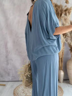 V-neck Batwing Sleeve Casual Loose Wide-leg Pants Two-piece Set